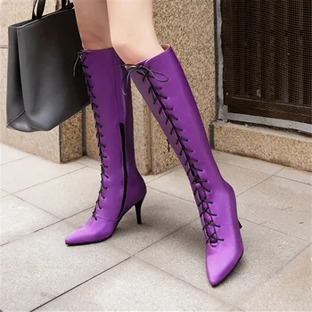2021 Модные женские ботинки, Женские Пикантные сапоги выше колена на шпильке, Длинные сапоги на высоком каблуке С острым носком, фиолетовые, Черные, Большие размеры 33-43