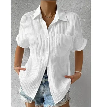 2023 Женская летняя однотонная удобная блузка, женский повседневный кардиган-поло с карманами, рубашка с коротким рукавом