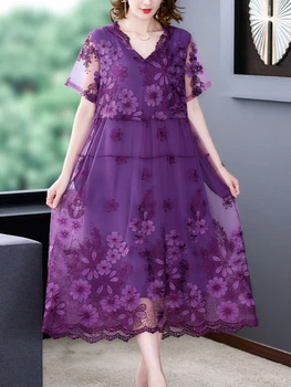 2023 Летнее Фиолетовое Свободное платье с вышивкой и капюшоном, расшитое коротким рукавом, Элегантные вечерние платья