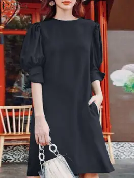 2023 Модное платье ZANZEA Летнее Женское платье с пышными рукавами, сарафан длиной до колен, халат, женское повседневное праздничное платье Vestido