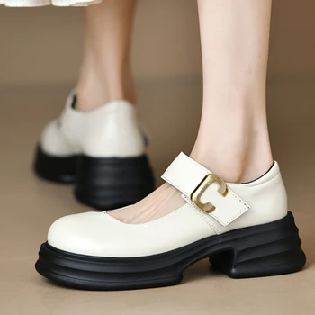 2023 Новые кожаные туфли Mary Jane, женская обувь, туфли-лодочки с неглубокой платформой и пряжкой в стиле ретро, женские туфли на платформе и массивном каблуке