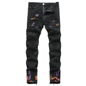 2023 Новые мужские джинсы в стиле панк, рваные хлопчатобумажные брюки со средней талией, Тонкая эластичная одежда с вышивкой