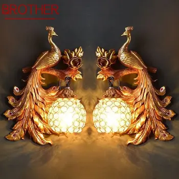 BROTHER Современный Хрустальный настенный светильник Peacock LED Gold Креативные ретро-бра из скандинавской смолы для дома, гостиной, спальни