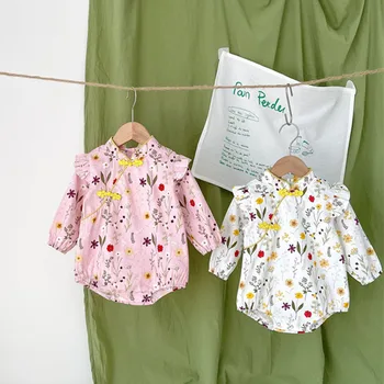 deer jonmi 2022, Весенние боди для новорожденных девочек с цветочным принтом, комбинезоны для младенцев Cheongsam в китайском стиле с длинным рукавом