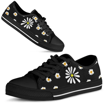 ELVISWORDS Little Daisy Design Брендовая парусиновая обувь Простая черная обувь с цветочным принтом Удобные повседневные кроссовки на плоской подошве со шнуровкой