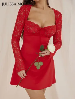 JULISSA MO Кружевное Прозрачное Сексуальное Красное Мини-платье с длинным рукавом, Женское Летнее Элегантное Бандажное Облегающее платье, Женская вечеринка, Клубное платье Vestido