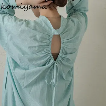 Komiyama Сексуальное платье в полоску с открытой спиной и завязками, женское платье с воротником-стойкой, весенне-летние платья, женские платья