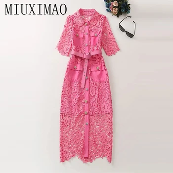 MIUXIMAO 2023 Высококачественное Весенне-Летнее Элегантное Платье С Коротким Рукавом И Лацканами, Кружевное Однобортное Модное Длинное Платье, Женское Vestide