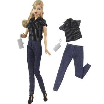 NNK 1 комплект 30 см Топ в черную полоску с принцессой, повседневные брюки, костюм + сумка, Модная повседневная одежда для Барби, аксессуары, Кукла, Подарочная игрушка для девочки
