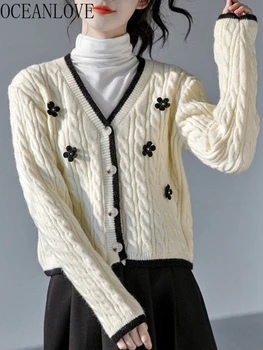 OCEANLOVE, Женские свитера в японском стиле с V-образным вырезом, милые винтажные короткие кардиганы в цветочек на осень-зиму, однобортный костюм
