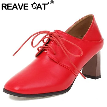 REAVE CAT / Новинка 2022 года; Женские туфли-лодочки С квадратным носком На толстом каблуке; Модная обувь на шнуровке; Большие размеры 33-43; Однотонные Красные, Черные Повседневные весенние S3336