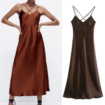 Za Модное коричневое платье-комбинация, женские вечерние платья Миди с вырезами, женское длинное платье, женские сексуальные вечерние платья с рюшами, лето 2021