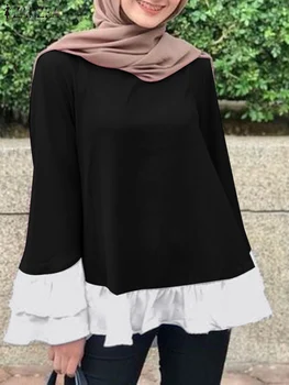 ZANZEA Модная Мусульманская Блузка С Расклешенными Рукавами, Топы Контрастного Цвета, Весенняя Повседневная Элегантная Рубашка Для Вечеринок, Винтажные Blusas Mujer Abaya 2023