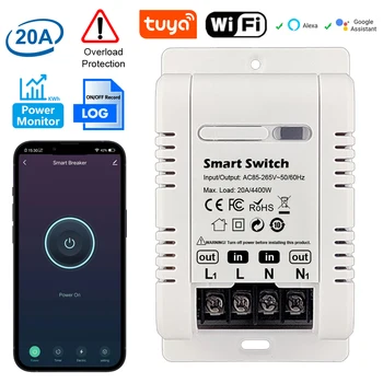 Автоматический выключатель Tuya 20A Smart Switch APP Control Power Monitor Защита от перегрузки Работает с Alexa Google Home Siri