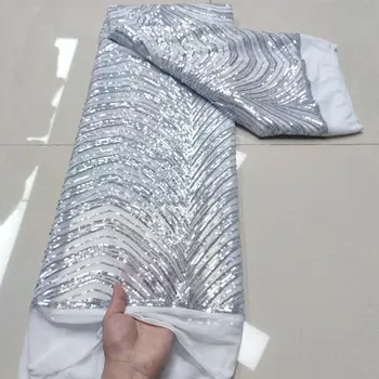 Африканская кружевная ткань 2023 новейшая серо-белая индийская ткань сари из высококачественного тюля с блестками кружевная ткань для свадебного платья YYZ823