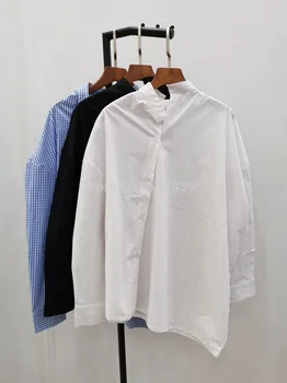 - Белая Черная хлопчатобумажная асимметричная рубашка большого размера с диагональным воротником-стойкой, длинными рукавами и МОДНЫМИ топами на пуговицах