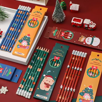 Быстрая прямая доставка, 6 шт./лот, Рождественские карандаши в упаковке, набор ручек для рисования, деревянные ручки HB с резиновыми канцелярскими принадлежностями