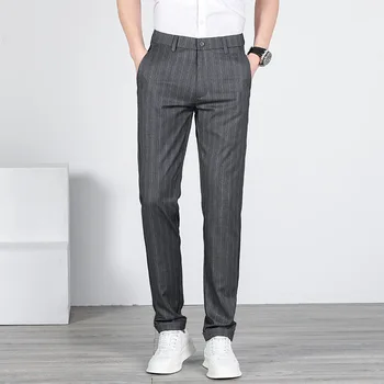 Весенне-летние Новые эластичные мужские повседневные брюки в полоску, тонкие Прямые модные