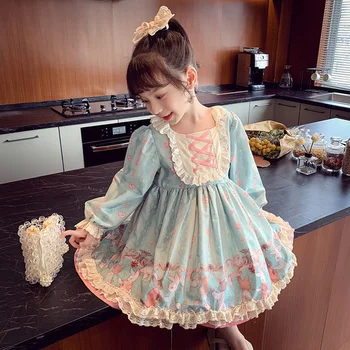 Весеннее платье с юбкой принцессы для девочек 2023, новая детская корейская версия, вестернизированное кружевное платье в стиле мультяшной Лолиты для маленькой девочки