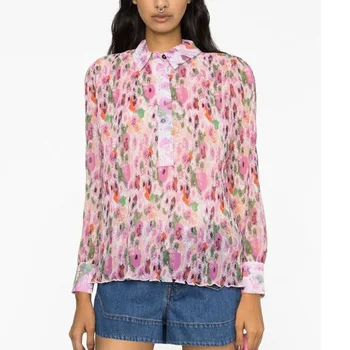 Весенняя женская блузка с отложным воротником с розовым цветочным принтом 2023 года, новая женская однобортная милая рубашка с рукавом-фонариком, топ
