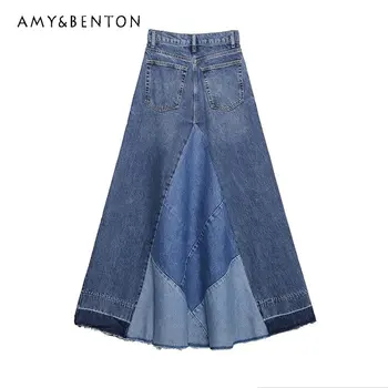 Весенняя новинка 2023 года, Женская джинсовая юбка в стиле пэчворк в европейском и американском стиле, Женская универсальная юбка трапециевидной формы средней длины Faldas
