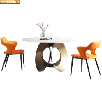 Дизайнерский Роскошный обеденный стол из круглой мраморной плиты 4 6 8 стульев mesa de jantar comedor de comedor с золотой основой из нержавеющей стали