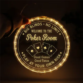 Добро пожаловать в Покер-рум Круглый светодиодный 3D настенный светильник с текстом, выгравированным лазером, Акриловый ночник для украшения игровой комнаты, шахматной комнаты