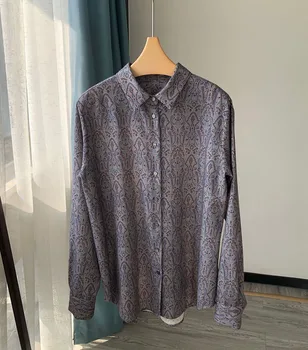 Женская роскошная блузка-рубашка из 100% шерсти с длинными рукавами и принтом с лацканами