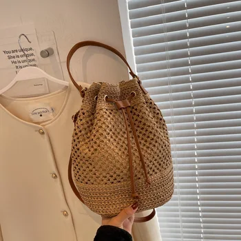 Женская соломенная сумка на шнурке, Летние тканые сумки через плечо, кошелек, пляжная сумочка, модные соломенные сумки, повседневная сумка через плечо.