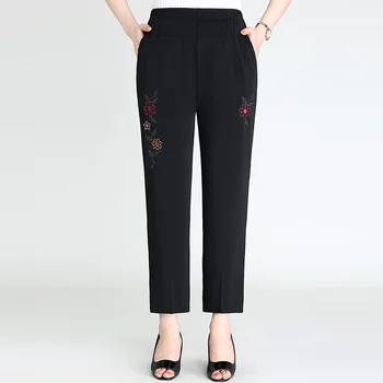 Женские летние брюки с новой модной вышивкой, Тонкие брюки для мамы среднего возраста, эластичные повседневные брюки с высокой талией, женские прямые брюки 8XL