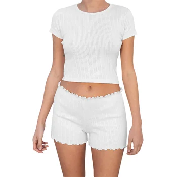 Женские летние комплекты одежды из 2 предметов, облегающие топы с коротким рукавом и повседневные шорты с рюшами, белые