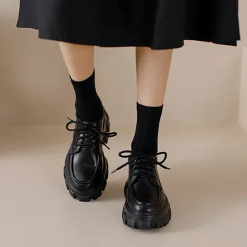 Женские лоферы на классической платформе, массивные, в британском стиле, в студенческом стиле в стиле ретро, с круглым носком, на толстой подошве, на шнуровке, маленькие кожаные туфли