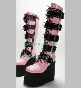 Женские розовые ботинки Mary Jane на платформе Y2K deisgn, сапоги до икр на металлической шнуровке, ярко-розовые ботинки в стиле панк из искусственной кожи, обувь с высоким берцем