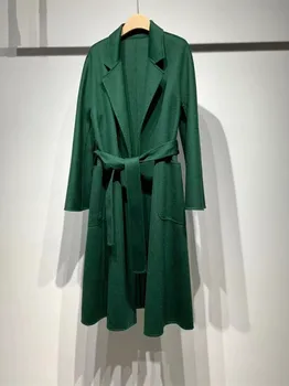 Женское пальто Средней длины, двустороннее шерстяное, с длинным рукавом, Свободные куртки на шнуровке, повседневные зимние
