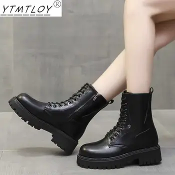 Зимние черные ботинки 2022 года, Женская обувь, Модные кожаные ботильоны на толстой подошве, удобные женские ботинки