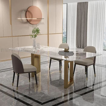 Итальянские обеденные столы в современном стиле, Дизайнерская креативная прямоугольная мебель из мрамора на золотистой основе из нержавеющей стали