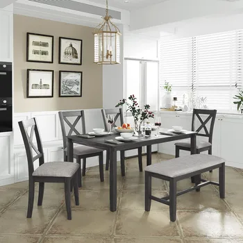Кухонный Обеденный стол из 6 частей, Деревянный Прямоугольный Обеденный стол, 4 Обеденных стула и Скамейка Семейная мебель на 6 персон (Серый)