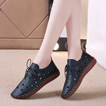 Летние женские полые сандалии, Однотонные кроссовки на шнуровке, Повседневная дышащая обувь большого размера с круглым носком, Calzados De Mujer