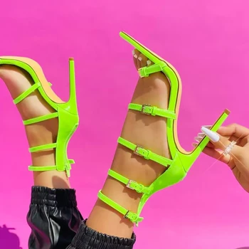 Летняя мода 2023 года, женские туфли на высоком каблуке с несколькими пряжками, сексуальные золотистые сандалии с острым носком, женские свадебные банкетные модельные туфли