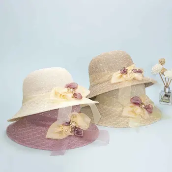 Летняя Новая женская шляпа от солнца, кепка-ведро, бежевое кружево, бант, цветы, лента, соломенная шляпа с плоским верхом, Пляжные кепки, Панама