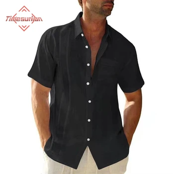 Летняя хлопковая льняная рубашка для мужчин, лидер продаж, мужские рубашки с короткими рукавами, однотонный отложной воротник, Повседневный пляжный стиль