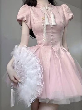 Лето 2023, Милые Элегантные платья с розовым бантом, Женское Винтажное вечернее мини-платье с цветочным принтом, женское Корейское модное платье с пышными рукавами