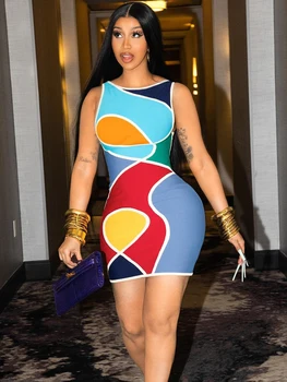 Мини-платье Y2K Bodycon с цветным принтом в виде блока, без рукавов, сексуальная уличная одежда для вечеринок, клубных фестивалей, прямая поставка, женские наряды