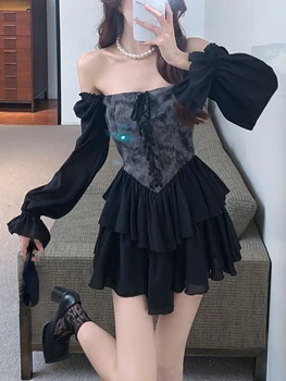 Мини-платье Y2K, готическое тонкое, осень 2022, Повседневные черные платья с длинными рукавами и цветочным рисунком, женское Корейское модное сексуальное короткое платье