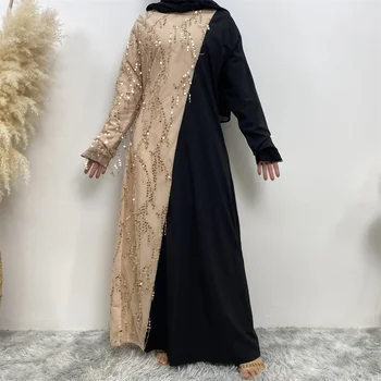 Муслиновая Абая Золотисто-черная Лоскутная кисточка с пайетками, просторное платье, длинная юбка, Исламский халат Рамадана, Дубай 2023, Новое Длинное платье