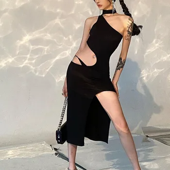 Новое Сексуальное женское Летнее платье без рукавов, однотонный вырез, сумка с высокой талией, Нерегулярное женское платье в клубном уличном стиле, размеры S, M, L