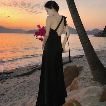 Новое черное пляжное вечернее платье, Элегантные длинные платья с открытой спиной на одно плечо, мода 2023 года, Элегантное летнее платье без рукавов