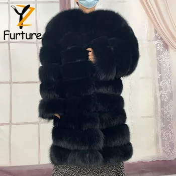 Новый черный реальный Лисий мех пальто 90см женщин длинный природный натуральный мех в полоску зимняя куртка из натуральной Лисий мех съемный подол дизайн пальто