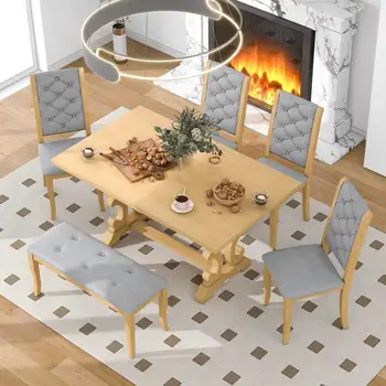 Обеденный набор в стиле ретро из 6 предметов с ножками для стола уникального дизайна и покрытыми поролоном спинками сидений и подушками Для внутренней ресторанной мебели.