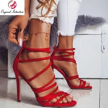 Оригинальное намерение, Сексуальные женские босоножки на высоком каблуке, Туфли на тонком каблуке с открытым носком, Sandalia Feminina, Летние женские красные туфли Большого размера 15
